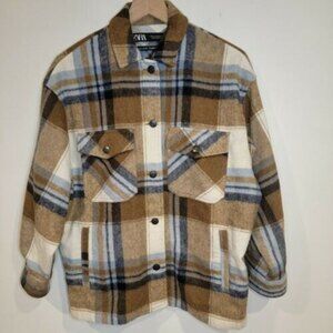 ZARA Oversized Shaket Overshirt Checkered Plaid Blue and Brown XS Italian Fabric